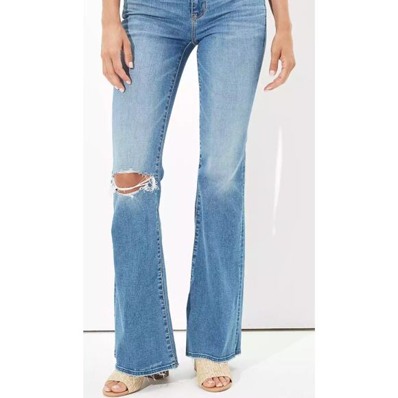 American Eagle Super Hi-Rise Flare Jeans 16 Stretch Blue Denim Distressed NEW - Picture 1 of 11